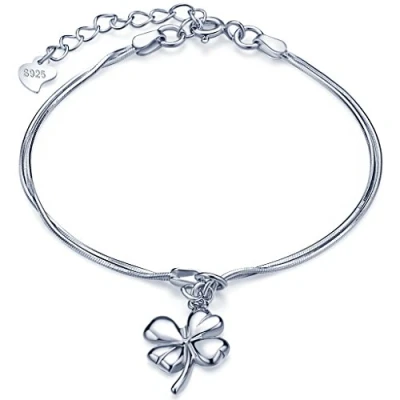 Abbildung von Unendlich U Glücklich Vierblättriges Kleeblatt Mädchen Charm Armband 925 Sterling Silber Doppel Armkette Verstellbar Armkettchen,
