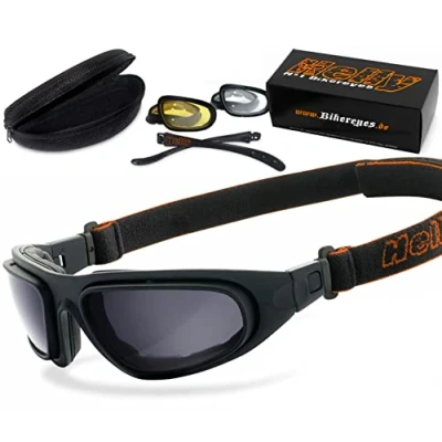 Abbildung von HELLY® No.1 Bikereyes® Motorradbrille, Multifunktionsbrille, Bikerbrille beschlagfrei, winddicht HLT® Sicherheitsglas, DIN EN 166 Bügel, Band wechselbar eagle (smoke, gelb &amp; klar)
