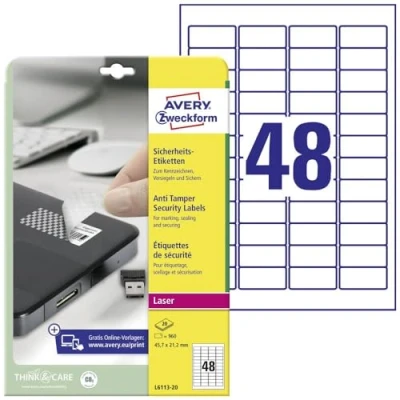 Abbildung von AVERY Zweckform L6113 20 Sicherheitsetiketten (960 Folienaufkleber, 45,7x21,2mm auf A4, stark selbstklebend, fälschungs /manipulationssicher Sicherheitsfolie, bedruckbare Klebefolie) Blatt, weiß