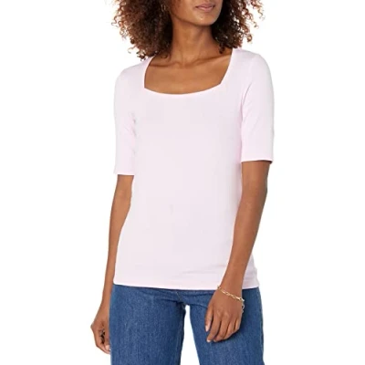 Abbildung von Amazon Essentials Damen Halbarm T Shirt mit eckigem Ausschnitt in schmaler Passform, Hellrosa, XL