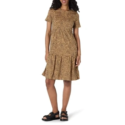 Abbildung von Amazon Essentials Damen Kurzärmliges, gestuftes Kleid mit Rundhalsausschnitt, Dunkles Kamelbraun Leopardenmuster, L