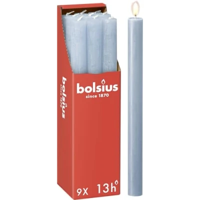 Abbildung von Bolsius Rustik Stabkerzen Hellblau 9 Stück 27 x 2.3 cm Länge Brenndauer 13 Stunden Unparfümierte Enthält Natürliches Pflanzenwachs Ohne Palmöl
