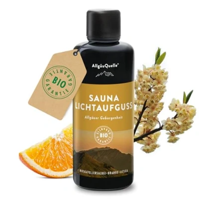 Abbildung von AllgäuQuelle® Saunaduft Aufguss mit 100% Bio Öle Geborgenheit Orange Muskatellersalbei Litsea 100ml