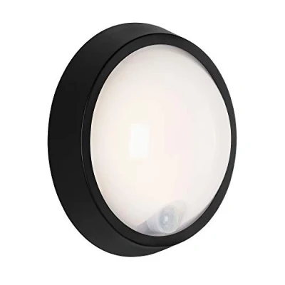 Abbildung von BRILONER Leuchten LED Außenleuchte, Außenwandlampe Bewegungssensor, Außendeckenlampe inkl. Dämmerungssensor, Badlampe 12 Watt, 1.150 Lumen, 4.000 Kelvin, Weiß/Schwarz, Rund, Ø 17cm