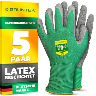 Abbildung von GRÜNTEK 5 Paar Gartenhandschuhe aus Polyesterfaser mit Latexbeschichtung, Gr. L/9, geeignet für den privaten und gewerblichen Gebrauch