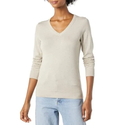 Abbildung von Amazon Essentials Damen Leichter, Langärmeliger Pullover Mit V Ausschnitt, Klassischer Schnitt (Erhältlich In Übergröße), Haferbeige Meliert, S