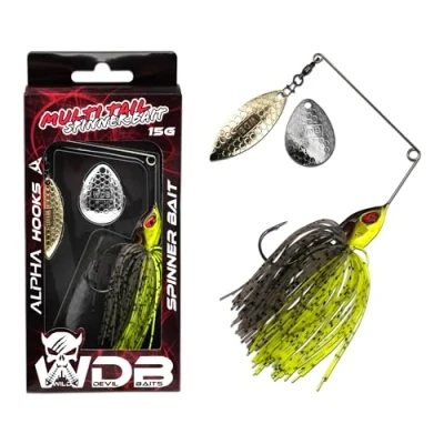 Abbildung von Wild Devil Baits Multi Tail Spinnerbait Spinner Bait Kunstköder Spin Jig Angelköder Barsch Hecht Zander (UV Green Pumpkin Chartreuse, 15g)