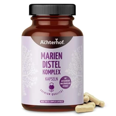 Abbildung von Mariendistel Komplex 180 Kapseln vegan &amp; hochdosiert 4 fach Mariendistel, Artischocke, Löwenzahnwurzel und Desmodium 80% Silymarin frei von unerwünschten Zusatzstoffen vom Achterhof