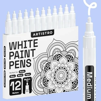 Abbildung von Artistro 12 Weiße Acrylstifte für Steine, Zeichenstifte Felsmalerei, Keramik, Glas, Holz, Reifen, Stoff, Metall, Leinwand, DYI, Acrylfarbe Permanent Marker Weiß mit Medium Spitze
