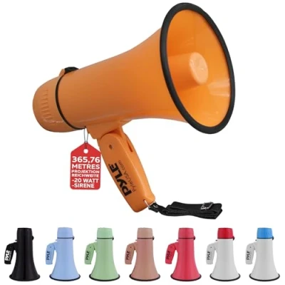Abbildung von Pyle Megaphon mit Sirene &amp; Mikrofon, Signalhorn 20 Watt Lautsprecher, Schultergurt, Aufnahmefunktion Aux Anschluss, Mini Megafon Kinder Erwachsene, Robustes Tröte Faltbar für Indoor Outdoor