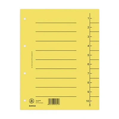 Abbildung von DONAU 8610001 11 100er Pack Trennblätter, Farbe: Gelb/ Karton Register überbreit Aus Recycling 250 g/qm mit Linienaufdruck für DIN A4 4 Fach Lochung Trennlaschen Trennblätter Ordner