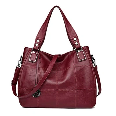 Abbildung von Kris Anna Damen Hobo Schultertasche Shopper Tasche aus PU Leder mit Schulterriemen Umhängetasche Stickerei Handtasche für Frauen Weinrot EINWEG