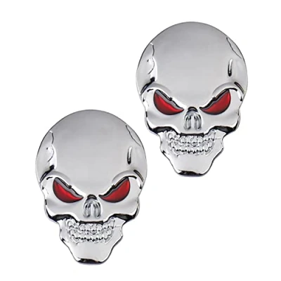 Abbildung von 3D Metallschädel Autoaufkleber, 2 Pcs Schädel Zink Legierung Metall Auto Aufkleber Emblem Abzeichen Styling Zubehör für Motorrad (Silber)