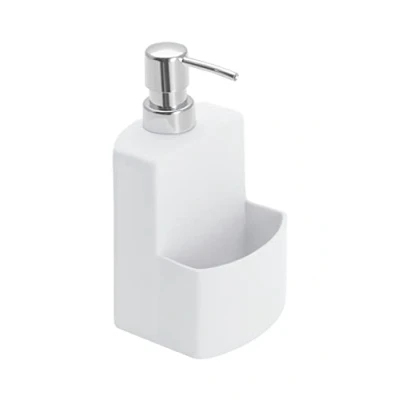 Abbildung von WENKO Spülmittelspender True Colours Festival, aus hochwertiger Keramik mit Soft Touch Oberfläche, extra Fach für den Spülschwamm, Fassungsvermögen 380ml, 10 x 18 cm, Weiß
