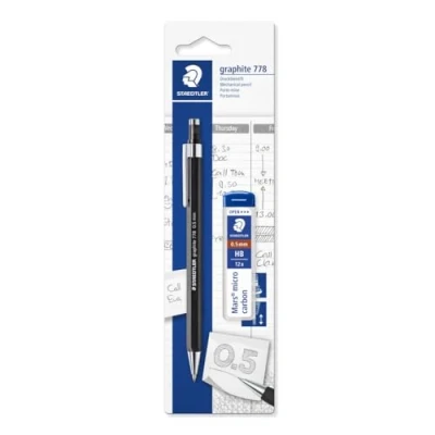 Abbildung von STAEDTLER graphite Druckbleistift 778, schlanke Sechskantform, Linienbreite 0.5 mm, transparente Minendose aus Kunststoff, auf Blisterkarte, 7785ABK25D