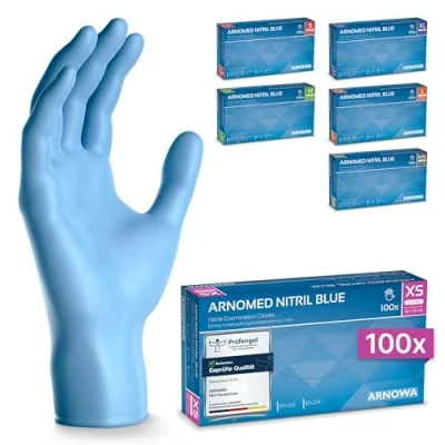 Abbildung von ARNOMED Nitril Einweghandschuhe 100 Stück/Box, XS, puderfreie &amp; latexfreie Einmalhandschuhe, Blaue Nitrilhandschuhe, in Gr. S, M, L, XL XXL verfügbar