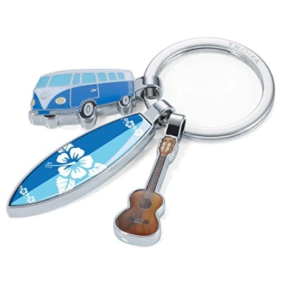 Abbildung von TROIKA SURFMATE T1 KR16 14/CH Nostalgie Schlüsselanhänger mit 3 Anhängern Bulli, Surfbrett, Gitarre glänzend mehrfarbig