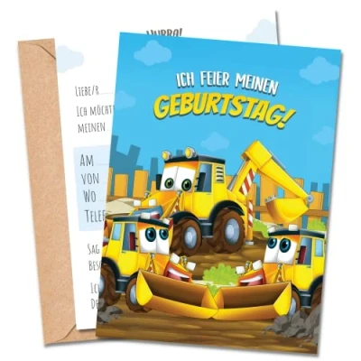 Abbildung von MeinBaby123® 10 Einladungskarten Kindergeburtstag Jungs süße Geburtstagseinladungen für Kinder Bagger inkl. Briefumschläge Premium Qualität (Bagger V1)