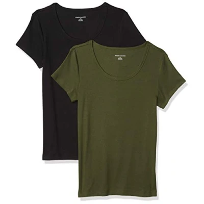 Abbildung von Amazon Essentials Damen T Shirt mit Flügelärmeln und U Ausschnitt in schmaler Passform, 2er Pack, Dunkles Olivgrün/Schwarz, M