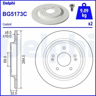 Abbildung von Bremsscheibe DELPHI BG5173C hinten, voll, 1 Stück