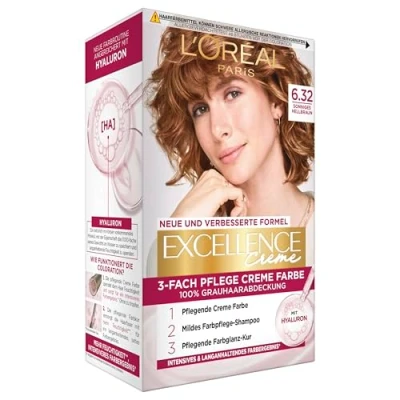Abbildung von L&#039;Oréal Paris Permanente Haarfarbe, 100% Grauhaarabdeckung, Haarfärbeset mit Coloration, Shampoo und 3 Fach Pflege Creme Farbe, Excellence Creme, Nr. 6.32 Sonniges Hellbraun, 1 x 268 g
