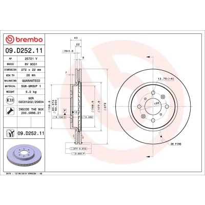 Abbildung von BREMBO Bremsscheibe SUZUKI: SWIFT 4 272mm 22mm 5 innenbelüftet beschichtet 09.D252.21 5531170L00,5531170L00000,5531172L00 Bremsscheiben