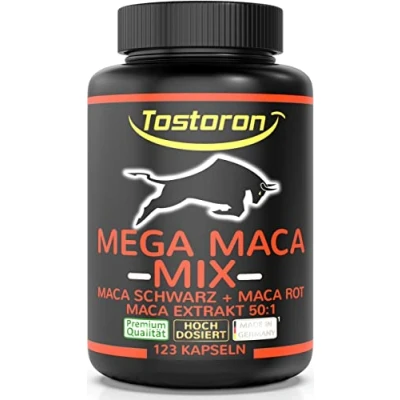 Abbildung von TOSTORON MEGA Maca MIX hochdosiert hol dir jetzt den HAMMER direkt nach Hause! 123 Kapseln mit schwarz + rot Extrakt 50:1 Plus Vitamin B5, Selen, Zink 1 Dose (1x101,5g)