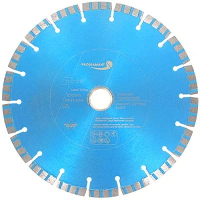 Abbildung von PRODIAMANT Laser Diamanttrennscheibe 250mm x 30 mit Ring 25,4mm Beton Stahlbeton Stein und Ziegel Diamant Turbo Segmente lasergeschweißt