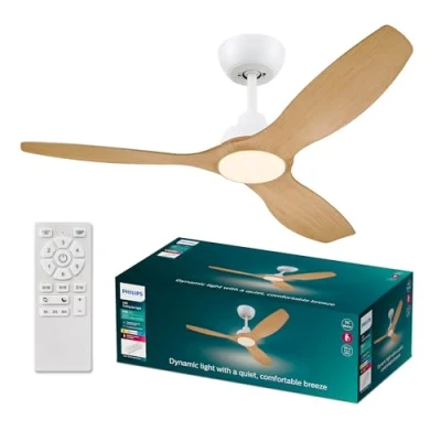 Abbildung von Philips Deckenventilator mit festem Flügel, 3 groß (52&quot;), 28 W LED Licht, Gleichstrommotor, Farbtemperaturbereich (3000 K, 4300 6500 K) Dimmfunktion, Weiß/Holz, inkl. Fernbedienung