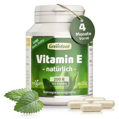 Abbildung von Vitamin E, 200 iE, vegan, 120 Kapseln schützt Zellen vor oxidativem Stress. Ohne künstliche Zusätze. Gentechnik. Vegi Kapseln, vegan.