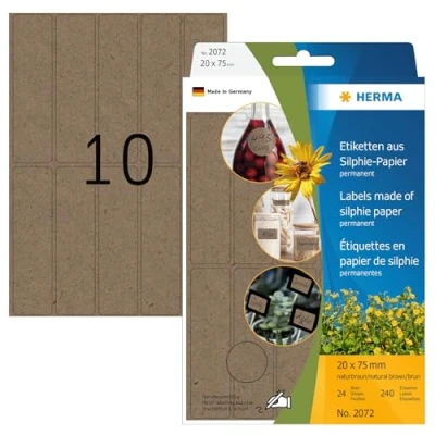 Abbildung von HERMA 2072 Vielzweck Etiketten aus Graspapier, 24 Blatt, 20 x 75 mm, 10 Stück pro Bogen, 240 Aufkleber, selbstklebend, Haushaltsetiketten zum Beschriften, Silphie Papier Klebeetiketten, natur braun