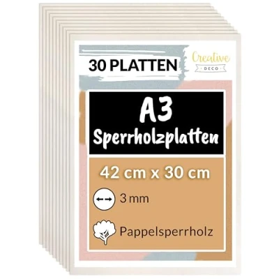Abbildung von Creative Deco 30 x A3 Sperrholzplatte 3mm Pappelsperrholz 420 300 (+/ 0,5) mm Dünne Holz Zuschnitte Perfektes Blatt für Laubsäge, Brandmalerei, Laserschnitt, CNC Router, Durchbrochenes