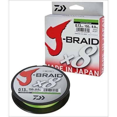 Abbildung von Daiwa J Braid 8 0.22mm, 17,0kg/27,5lbs, 300m Chartreuse, rund geflochtene Angelschnur