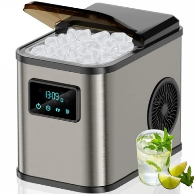 Abbildung von KeeGone Edelstahl Eiswürfelmaschine mit LED Display,Eismaschine Eiswürfelbereiter und Reinigungsfunktion,2L Wassertank,inklusive Eisschaufel Korb,2 Eiswürfel Größen für Küche, Büro, Bar Party