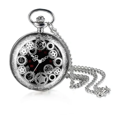 Abbildung von JewelryWe Zahnrad Taschenuhr Herren mit Kette: Silber Analog Quarz Kettenuhr Vintage Design Uhr Anhänger Halskette Schwarz Römischen Arabischen Ziffern Zifferblatt Geschenk