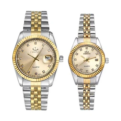 Abbildung von JewelryWe 2pcs Paar Uhr Analog Quarz Kalender 30M Wasserdicht Partner Armbanduhr Edelstahl Armband Herren Damen Uhren mit Gold Strass Zifferblatt