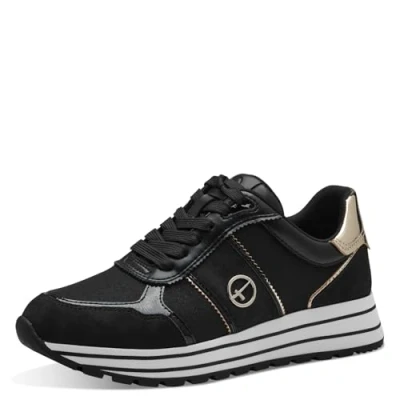 Abbildung von Tamaris Damen Low Top Sneaker, Frauen Halbschuhe,Wechselfußbett,sportlich,Halbschuhe,straßenschuhe,Strassenschuhe,Black/Gold,42 EU