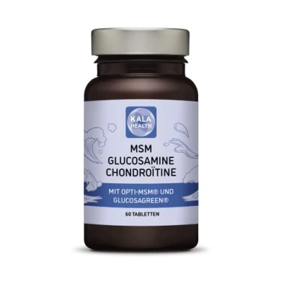 Abbildung von Kala Health 60 Tabletten OptiMSM (Methylsulfonylmethan), GlucosaGreen (Glucosamin), ChondroPure (Chondroitin) und Ester C (vitamin C), frei von Magnesiumstearat Siliciumdioxid
