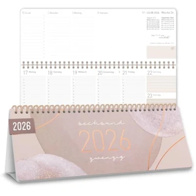 Abbildung von Häfft® Wochen Tischkalender 2026 quer zum Aufstellen, 1 Woche 2 Seiten, Schreibtisch Kalender mit Aufsteller &quot;Soft Beige&quot; 29,7 x 11,6 cm nachhaltig &amp; klimafreundlich