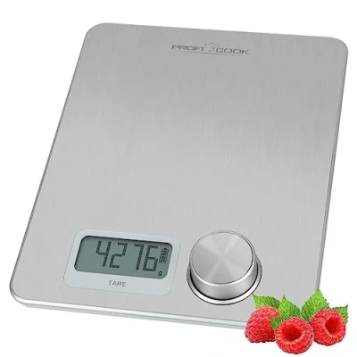 Abbildung von ProfiCook® Küchenwaage ohne Batterien digital mit kinetischer Energie Waage Messbereich von 1g 5kg und großem Display Tara Funktion versch. Messeinheiten PC KW 1263