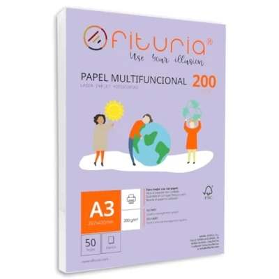 Abbildung von Packung mit 50 weißen DIN A3 Blättern, 200g Druckerpapier. Multifunktionales Kopierpapier für Schule und Büro. Ideal Laserdrucker, Tintenstrahldrucker oder Kopierer Ofituria