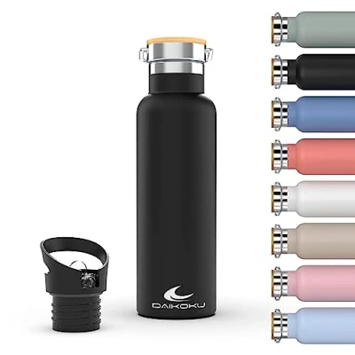 Abbildung von Daikoku Flasche, doppelwandige Edelstahl Thermosflasche, die das Getränk stundenlang heiß oder kalt hält, zwei Verschlüsse, schwarz, 750 ML