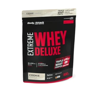 Abbildung von Body Attack Extreme Whey Deluxe Cookies n Cream, 900g Made in Germany Eiweißpulver mit Aminosäuren, Triple Complex, CFM Isolate, perfekt lösliches Protein Pulver, fettarm, zuckerarm