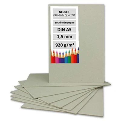 Abbildung von 10 Stück Buchbinderpappe DIN A5 Stärke 1,5 mm (0,15 cm) Grammatur: 920 g/m² Format: 21 x 14,8 cm Farbe: Grau Braun