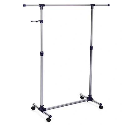 Abbildung von SONGMICS Kleiderständer, Garderobenständer auf Rollen, Rohre mit Edelstahlbeschichtung, ausziehbarer Kleiderstange, seitliche Haken für Accessoires, höhenverstellbar 97 165 cm, blau LLR01L