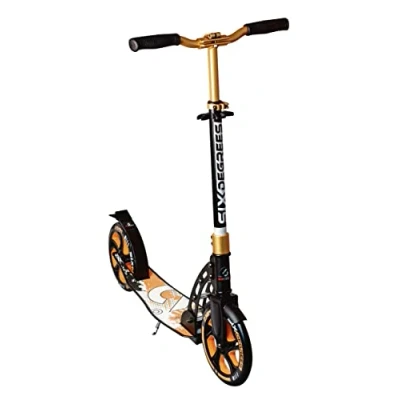 Abbildung von SIX DEGREES Aluminium Scooter mit Klappmechanismus und Ständer, 230/215 mm, ABEC 7, höhenverstellbar, GS geprüft, Gold