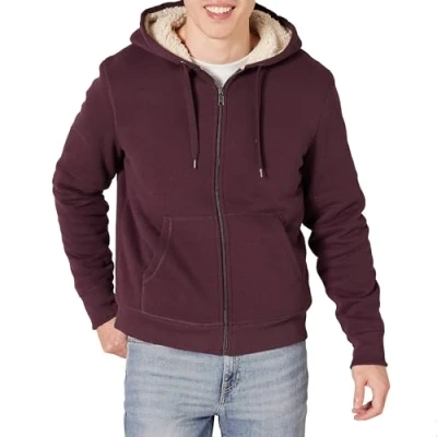 Abbildung von Amazon Essentials Herren Hoodie mit Sherpa Futter und durchgehendem Reißverschluss, Burgunderrot, S