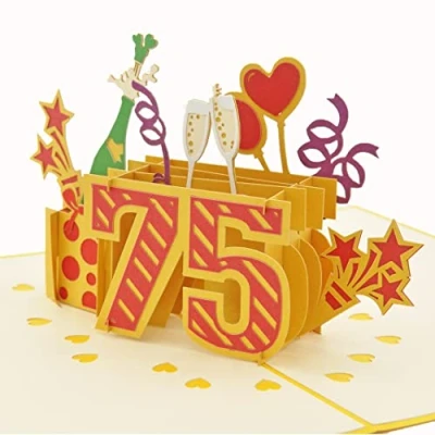 Abbildung von Favour Pop Up® 3D Glückwunschkarte zum runden 75. Geburtstag mit Cover in Goldfarbe, ideal auch für Geldgeschenk oder Gutschein. TG075