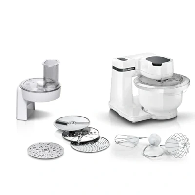 Abbildung von Bosch Küchenmaschine Serie 2 MUMS2AW01, 3,8l Kunststoff Schüssel, Durchlaufschnitzler, 4 Scheiben, Stufen, Knethaken/Rührbesen/Schlagbesen, spülm.fest, 700 W, weiß