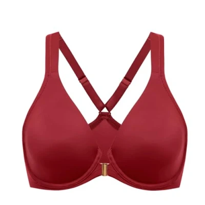 Abbildung von DELIMIRA Damen Vorderverschluss Racerback BH Grosse Grössen Bügel BHS Tiefer Ausschnitt Ungefüttert Vollschalen Roter Hochgenuss 80F